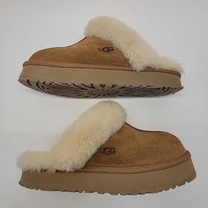 UGG Disquette Platform Slippers Womens Size 10 Chestnut Suede Sheepskin Lined